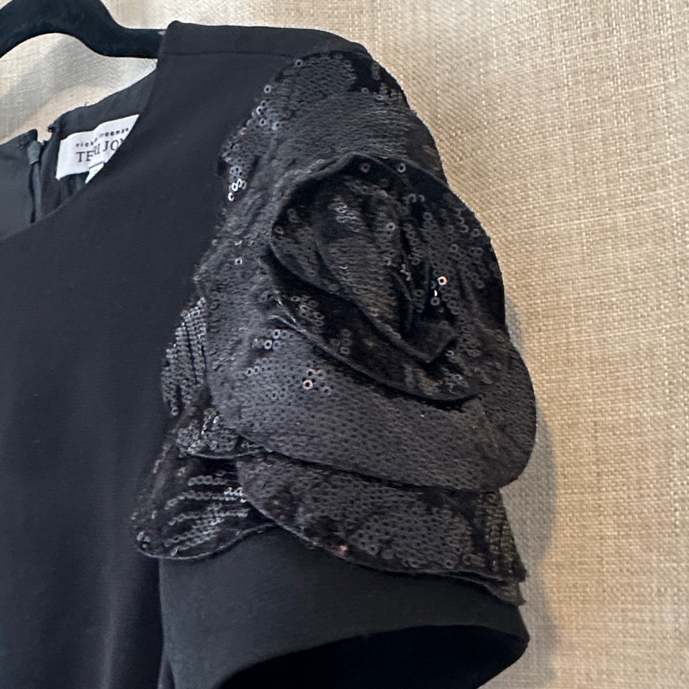 Teri John Crepe Black Dress with Floral Sequin Accents on the Sleeves Sz 12 NWT